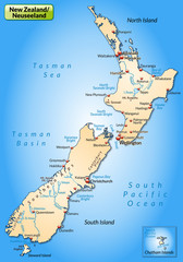 Neuseeland als Landkarte mit Orten