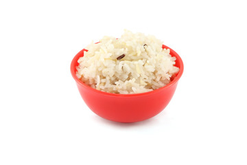 Side steam brown rice red bowl on white background.