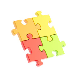 Four linked puzzle jigsaw pieces isolated
