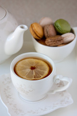 Still life with tea and macaroons