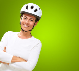 Woman Wearing Helmet With Hands Folded