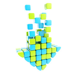 Segmented glossy arrow made of blue and green cubes