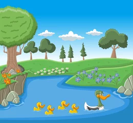 Fototapete Fluss, See Eine Entenmutter schwimmt mit ihren Entenküken auf blauem See