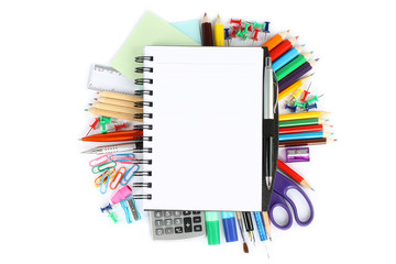 Stationery items on a white background