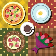 breakfast set with coffe, eggs and pizza