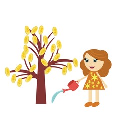 girl watering money tree on white background