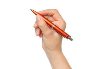 Hand with orange pen on white background