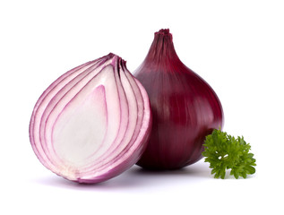 Red onion with fresh parsley isolated on white background