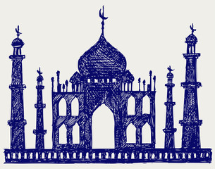 Taj-mahal temple silhouette. Doodle style