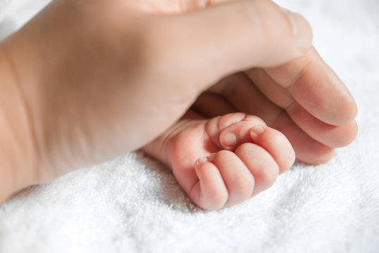 newborn baby hand cover by a male hand