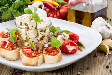 Plate with Feta Cheese and Bruschetta