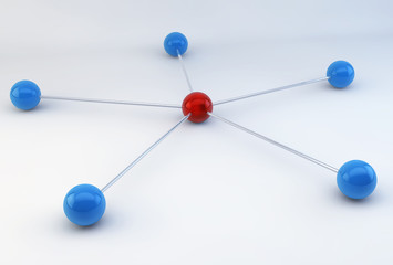 3D Blue Chrome Molecular Spheres Linked to a Red Sphere on white