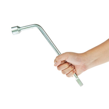 Wrench with hand isolated on white background