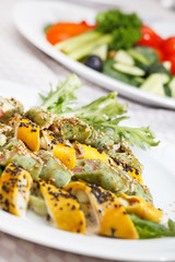 tasty appetizer with salmon and cheese