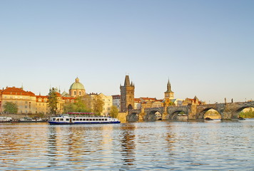 Charles Bridge of Prague with a boat