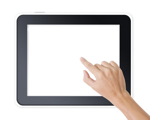 Man hand touching screen on modern digital tablet pc