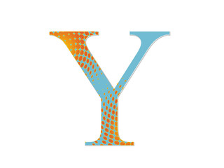 blue letter with a gradient of red dots on a white ground