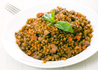 lentils with meat, mushrooms and vegetables