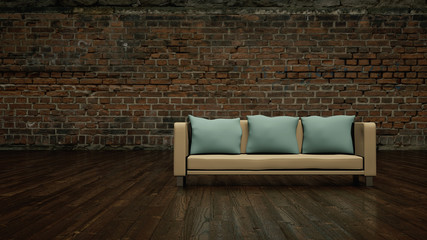 Sofa beige mit hellblauen Kissen