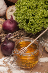 Loaves of bread, rolls and vegetalbes