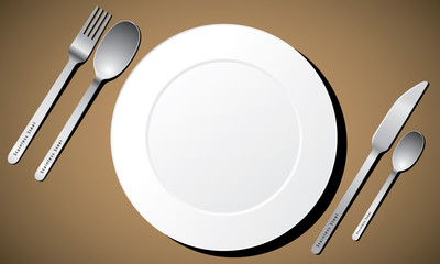 cutlery set with white plate, fork, knife and spoon