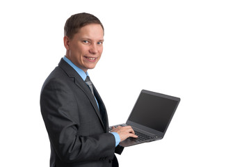 businessman with laptop computer isolated on white