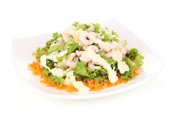 Delicious marinated shrimp in plate isolated on white