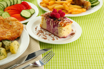 Roast chicken cutlet with boiled potatoes and  vegetables, cup