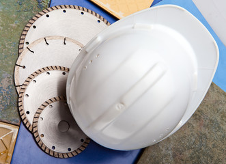 Diamond discs for cutting of tile and a helmet