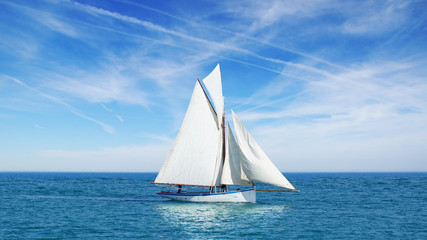 Seascape with sailboat the background of the blue sky. - 44711469