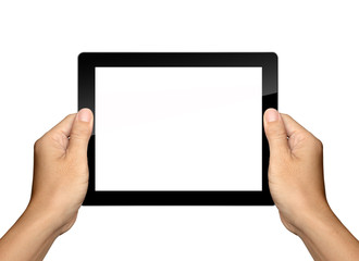 hands are holding and point on white Tablet PC Isolated