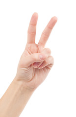 Hand with two fingers up in the peace or victory symbol. Also th