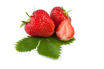 fresh strawberry with leaf isolated on white