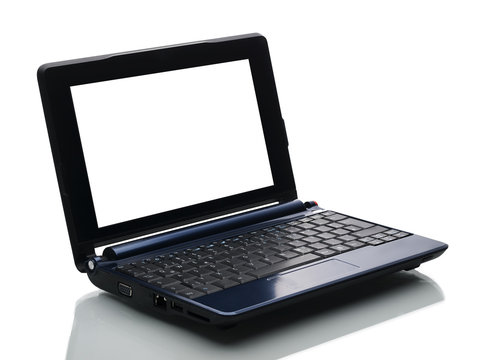 blauer computer mit weißem bildschirm von links