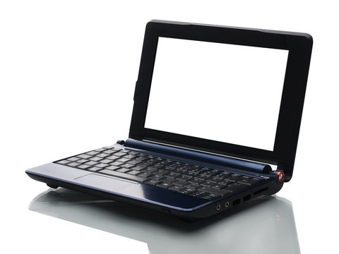 blauer computer mit weißem bildschirm von rechts