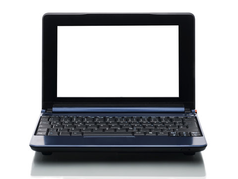 blauer computer mit weißem bildschirm von vorne