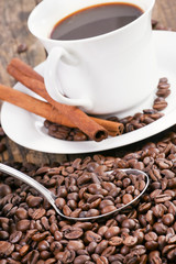 Coffee cup surrounded by coffee beans and scoop.
