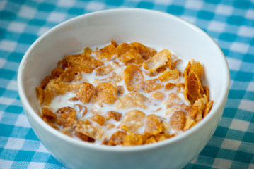 Bowl of cornflakes and milk for breakfast