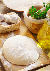 Dough and ingredients for pizza