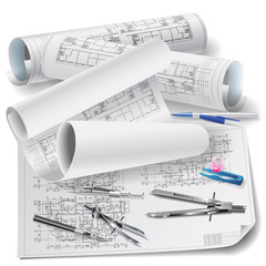 Architectural background with rolls of drawings