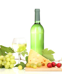 Bottle of great wine with wineglass and cheese isolated on