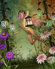 Papier Peint photo Lavable Fées et elfes une fée volante avec une lanterne