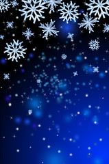 Dark christmas background with glowing stars and snow