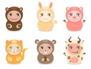 Set of six cute animals on a white background
