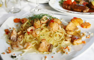 Spaghetti with Scampi and Salmon in Garlic sauce