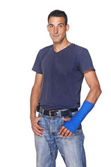 man with blue arm bandage