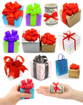 Collage of presents on white background