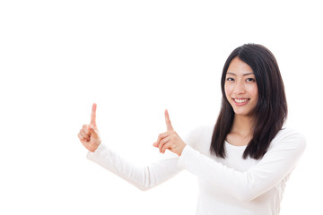 attractive asian woman showing on white background