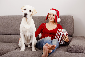 Woman with her dog on Christmas Day