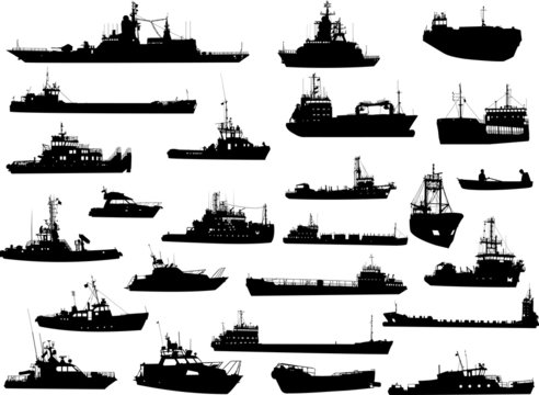 Set of 25 silhouettes of sea yachts, towboat and the ships